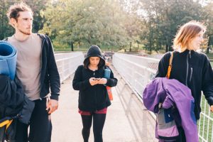 group of friends on way to yoga