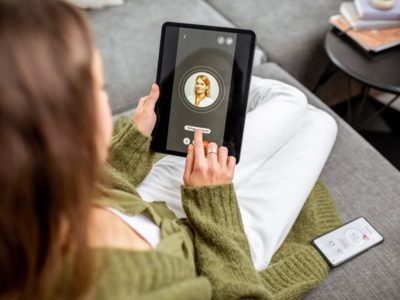 woman using tablet computer at home to video call doctor - telemedicine - telehealth - addiction recovery