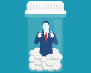 Valium Addiction, Diazepam Addiction, Valium Misuse, illustration of man trapped in pill bottle - Valium