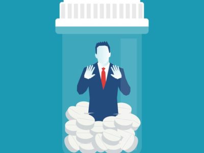 illustration of man trapped in pill bottle - Valium