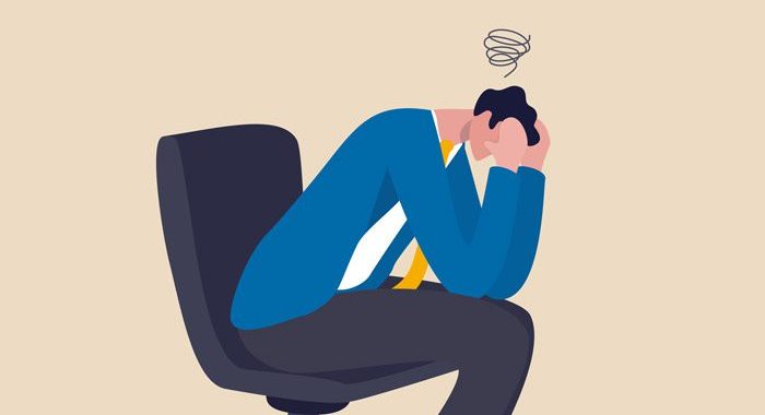 digital illustration of man in work chair, leaned over with hands on his face - frustration