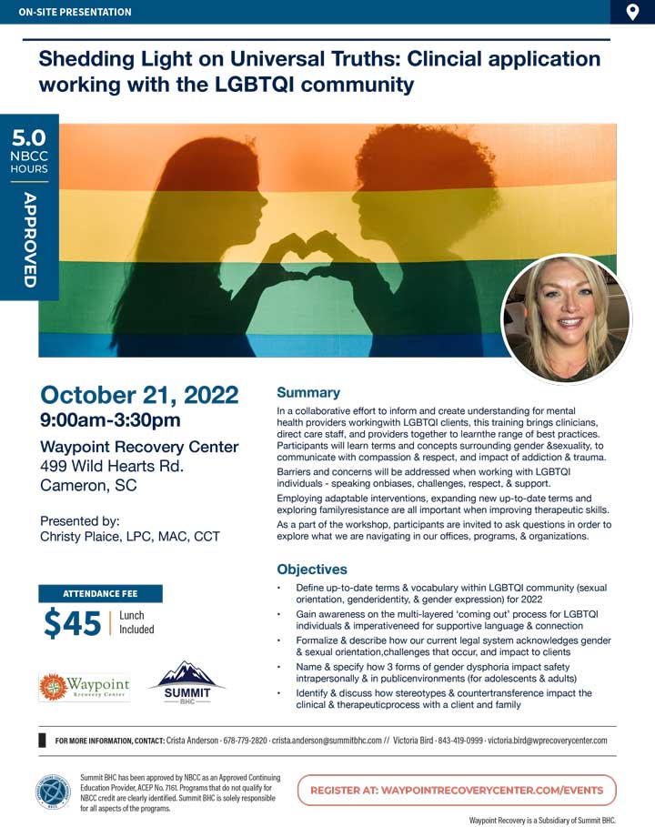 Shedding Light on Universal Truths: Clinical Application Working with the LGBTQI Community - In-Person Event/On-Site Presentation - October 21, 2022