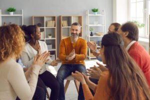 A group of people talking.