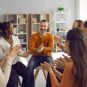 A group of people talking.