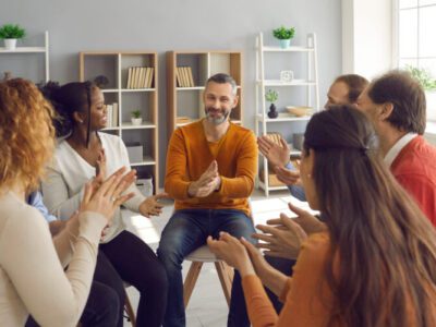A group of people talking.
