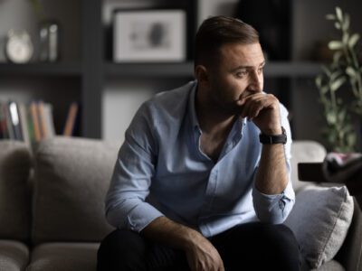 Man sitting on a couch, looking thoughtful and concerned, with his hand on his chin—suggesting inner struggle, reflection, or emotional distress.