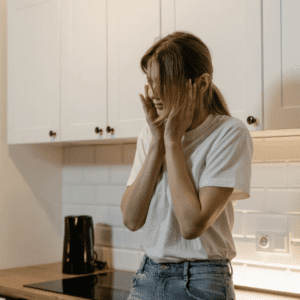 A woman looking worried.