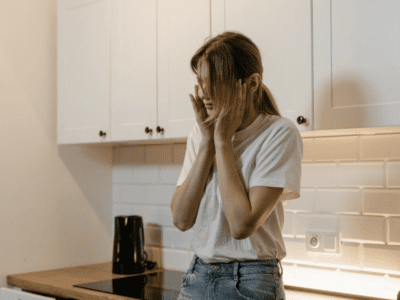 A woman looking worried.
