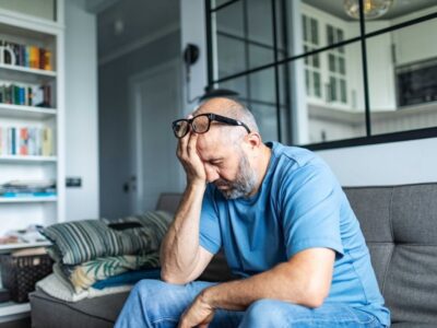 A middle-aged man sitting on a couch with his hand covering his face, looking stressed and exhausted, in a home setting.