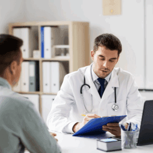 A male patient talking to a doctor.