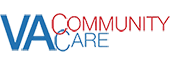 Logo with blue VA and Community Care in red and blue text on a light gray background.