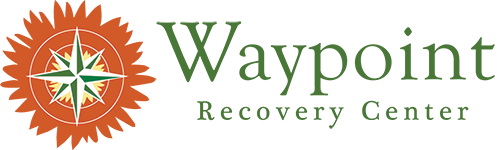 Logo for Waypoint Recovery Center. A green compass is centered within an orange sunburst shape, with the words Waypoint Recovery Center in green text to the right of the design.