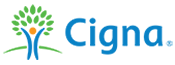 Cigna logo with a blue human figure forming a tree trunk, green leaves above, and Cigna written in blue text to the right.