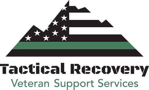 Mountain-shaped American flag graphic with a green stripe, above the words Tactical Recovery in bold, black stencil font. Below, it says Veteran Support Services in green text.