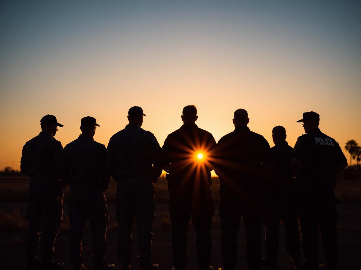 Seven people stand in silhouette at sunset, with the sun shining between two of them. One person on the right wears a hat with POLICE written on the back. Palm trees are visible in the background.