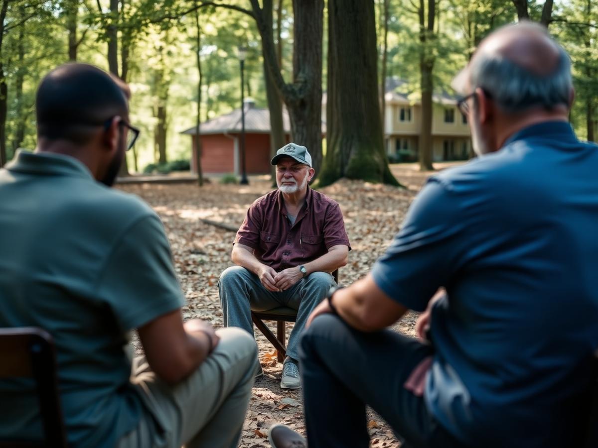 Three men sit in a circle outdoors in a wooded area, engaged in conversation. Two men are seen from behind while the third, facing the camera, sits on a chair and talks. Houses are visible in the background.