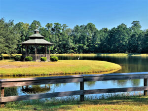 A wooden gazebo sits by a pond surrounded by grass and trees, with a wooden fence in the foreground and a white bird standing by the water on a sunny day.