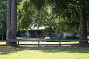 A log cabin with a covered porch sits behind large trees and a wooden fence, surrounded by green grass and shrubs on a sunny day.