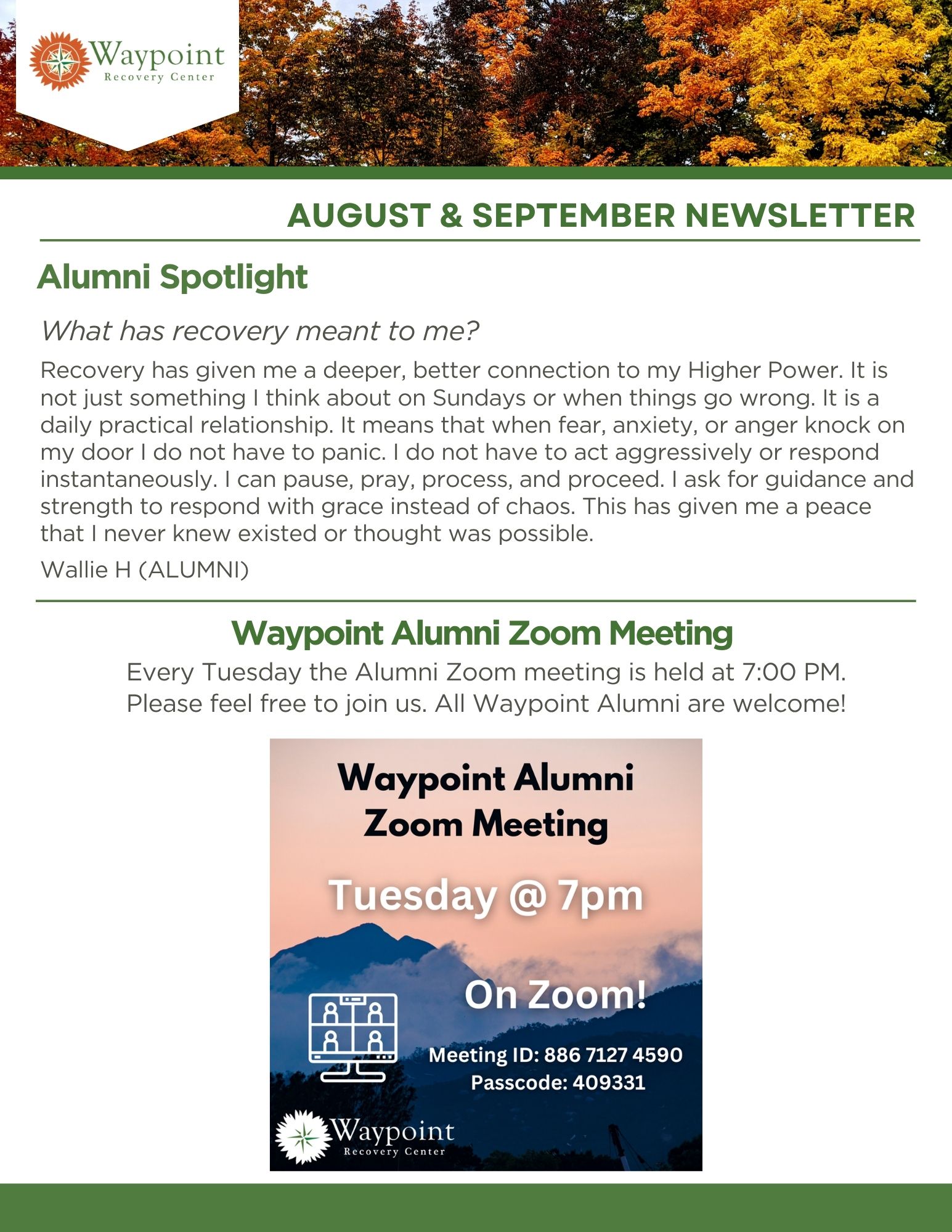 Waypoint Recovery Center newsletter page featuring an Alumni Spotlight text, a Zoom meeting announcement, and a photo of a laptop with someone joining an online meeting, surrounded by fall-colored leaves and pumpkins.