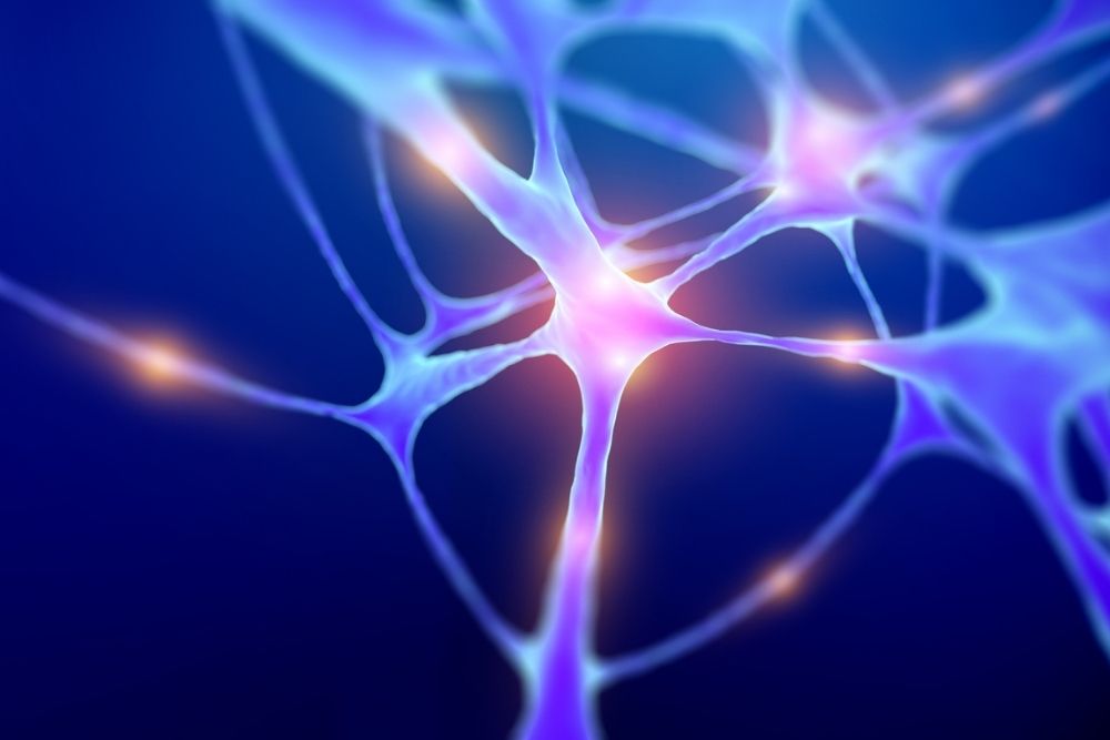 Abstract illustration of glowing neural network or brain cells interconnected, with blue and purple tones and highlighted synapses against a dark background.